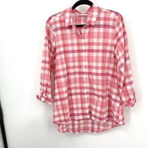 Habitat Women Size Medium Shirt Pink White Plaid Button Down Top Cotton Stretch